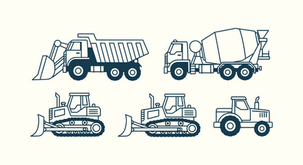Heavy Machinery Construction Vehicle Line Art Icons Set with Bulldozer Dump Truck and Concrete Mixer © Bilkis Islam