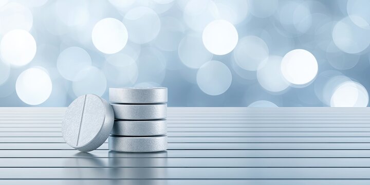 A stack of white pills rests on a metallic surface against a blurred background