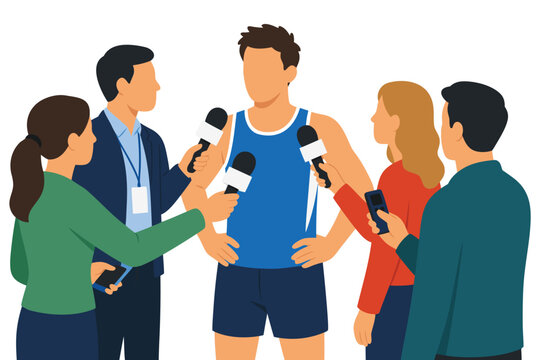 Sports journalists interviewing a professional athlete flat vector illustration featuring reporters with blank microphones and cameras capturing a post-game press conference or media event