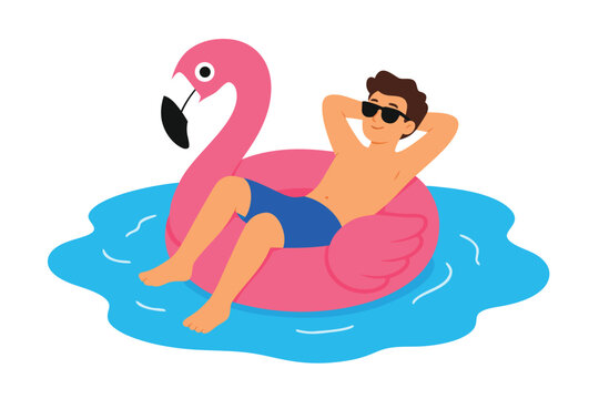 Vibrant flat vector illustration of a person relaxing on a pink flamingo pool float in crystal clear blue water, capturing a sunny summer vacation vibe with modern and playful design elements.