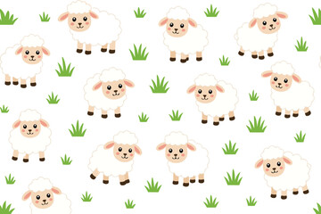 Naklejka premium Adorable seamless vector pattern showing cute fluffy white sheep grazing on lush green grass patches, wonderful for nursery wallpaper, baby apparel, children's bedding, and farm-themed decor.