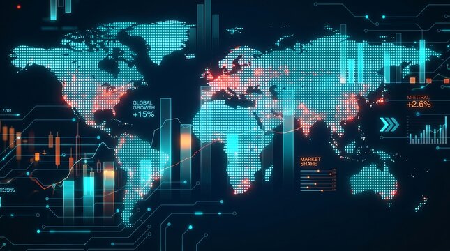 Digital dotted world map with glowing business analytics charts