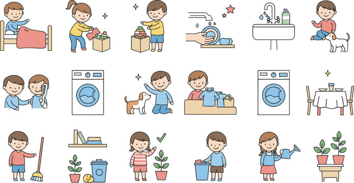Cute children doing house chores collection set with cleaning laundry washing and everyday activities vector.
