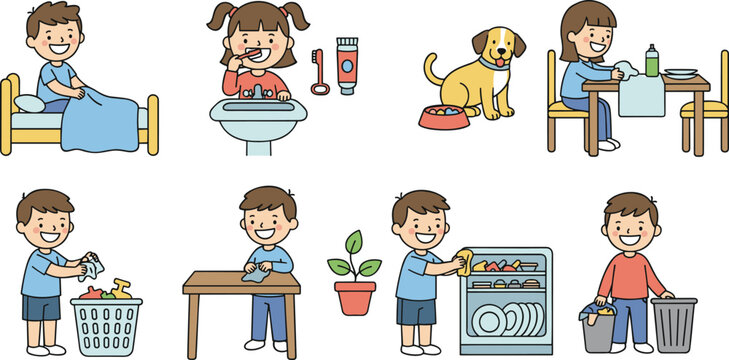 Cute children doing house chores collection set with cleaning laundry washing and everyday activities vector.