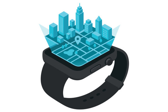 Modern flat vector illustration of a generic smartwatch displaying a glowing 3D holographic map of a futuristic city skyline with digital navigation features and advanced wearable technology.
