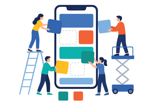 Collaborative team of software developers building a giant mobile application interface with large user experience elements on a clean background, modern flat vector illustration for tech.
