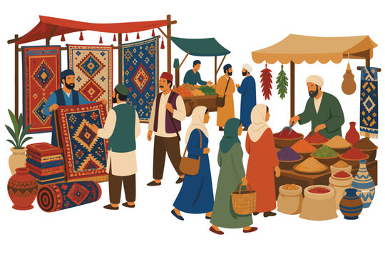 Flat vector illustration of a bustling traditional bazaar with vendors selling carpets and spices, colorful marketplace scene with street stalls, cultural heritage and vibrant local commerce.