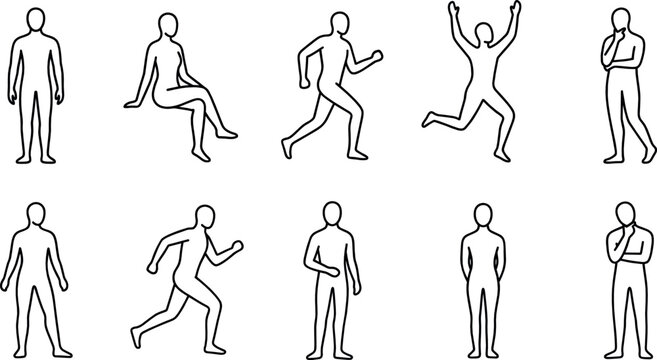 Minimalist human body poses icons set, simple line art people in various standing, sitting, and running positions.