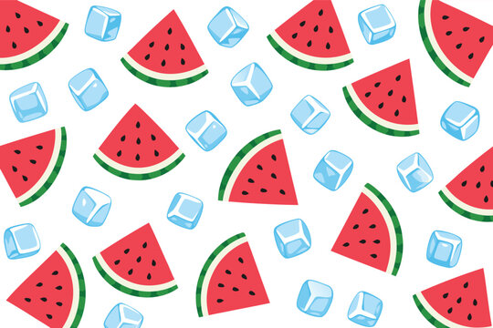 Refreshing seamless vector pattern of juicy watermelon slices and cool ice cubes in a vibrant flat 2D graphic style with solid colors perfect for summer food, beverage, and healthy snack marketing.