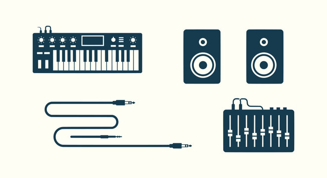 Professional Music Production Equipment Flat Vector Icon Set with Keyboard Synthesizer and Mixer