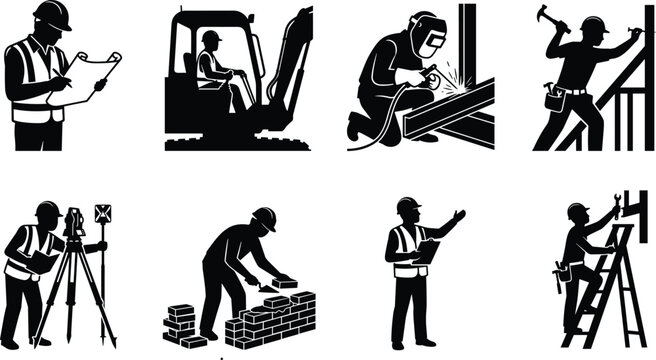 Construction worker silhouette set featuring engineer architect excavator operator welder carpenter surveyor bricklayer supervisor and mechanic vector illustration