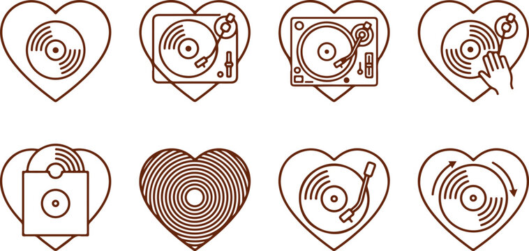 Heart shaped vinyl record player icons symbolizing love for music and DJ culture.