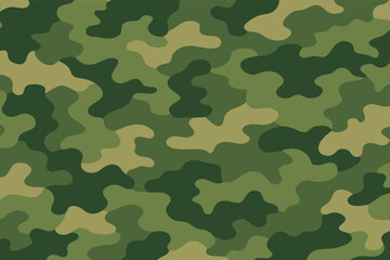 Fototapeta premium Modern seamless vector pattern of green camouflage in a clean flat style, suitable for military-inspired fashion, tactical gear backgrounds, hunting equipment designs, and outdoor adventure themes.