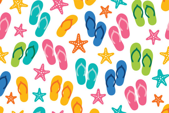 Vibrant seamless vector pattern showcasing stylized flat flip-flops and starfish on a clean background, ideal for summer-themed web designs, trendy apparel prints, and festive gift wrapping paper.