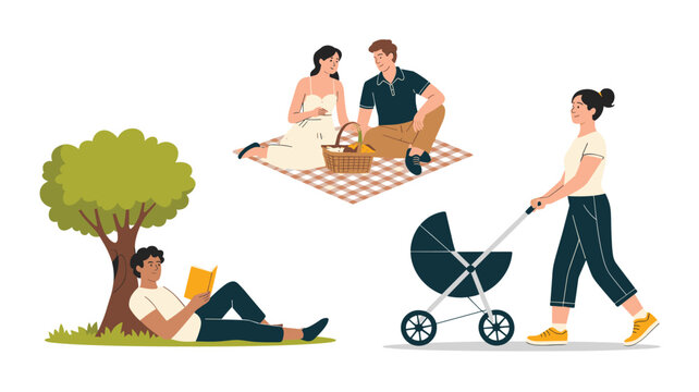 A collage of diverse outdoor activities featuring a couple on a picnic blanket, a man reading under a tree, and a mother walking with a baby stroller.