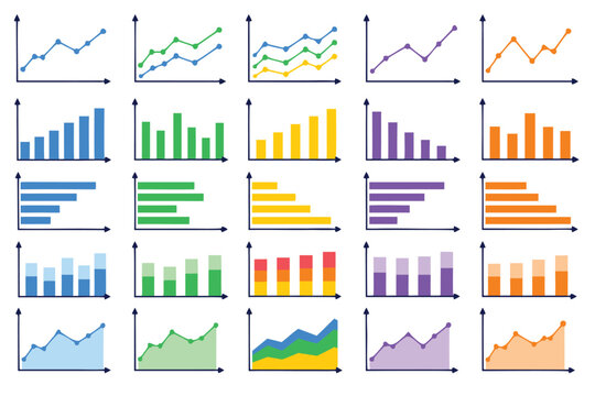 Extensive set of 20 isolated blank generic line graph and bar chart templates featuring vibrant flat data visualization elements for professional business presentations and dashboard designs.