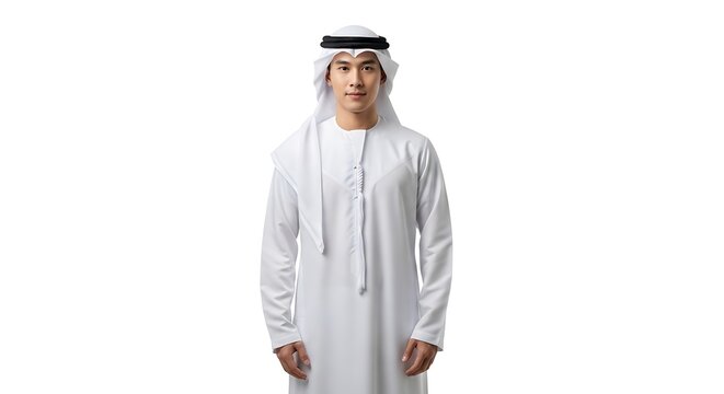 Young Arab man in traditional white dishdasha.