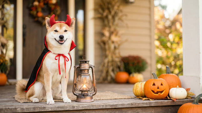 A dog wears a devil costume while sitting on a porch decorated for Halloween. Pumpkins, a lantern, and autumn decor are present. It is a sunny day with outdoor decorations