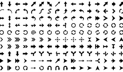 Obraz premium Collection of Different Black Arrow Icons Direction Navigation Vector Illustration Set