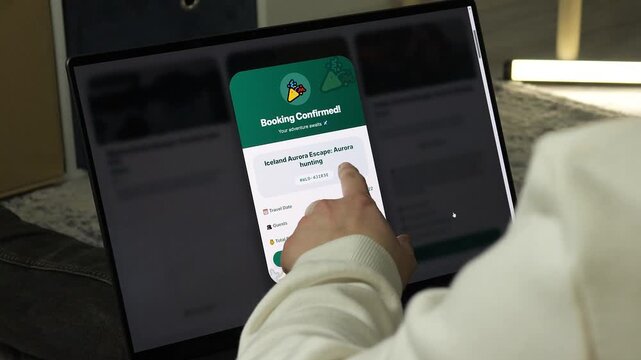 Planning the next adventure. User browses exotic tours and books a trip to Iceland for aurora hunting. High-quality UI showing successful travel booking. Perfect for lifestyle, tourism, and vacation