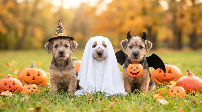 Three dogs are sitting on the grass in a park. One dog is wearing a witch hat, another is covered in a ghost sheet, and the third has a devil costume. They are surrounded by pumpkins