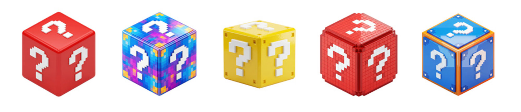 Five blocks with question marks sit in a row. Each block has a different color and design, showing bright patterns and textures. They create a fun display that catches attention