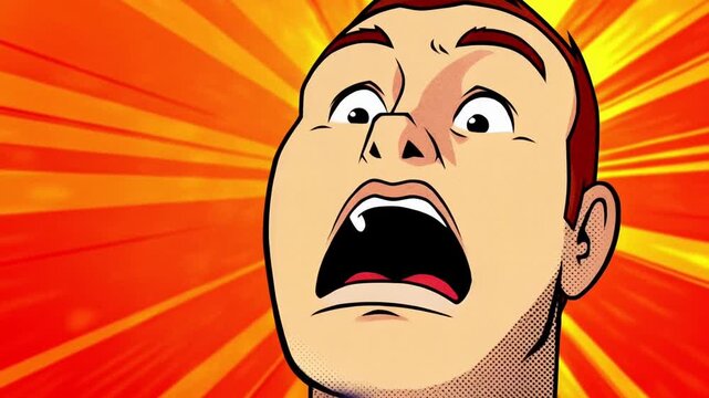 Slow zoom tilt of comic style male face reacting with mouth opening against radial burst background in pop art illustration close up
