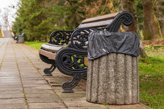 A well-designed park bench stands near a trash can, inviting visitors to enjoy nature and dispose of waste responsibly amid serene surroundings
