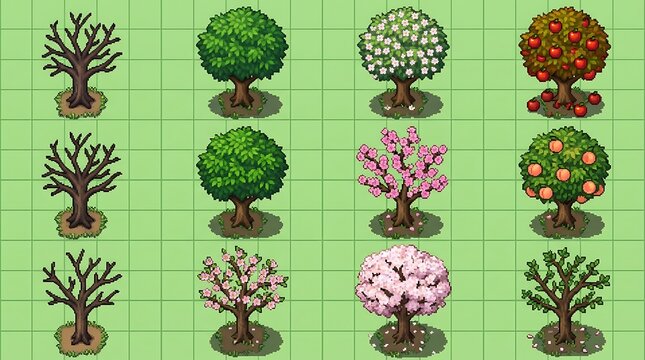Various pixel art trees displaying different seasonal changes and fruit growth