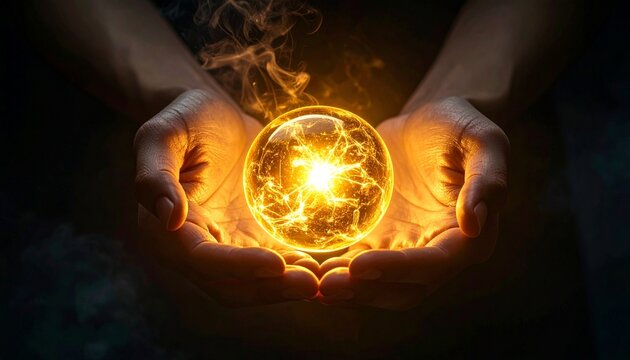 Hands Cradling a Radiant Sphere of Innovation. Close-up of human hands protecting a glowing light orb representing creativity, ideas, and transformation.
