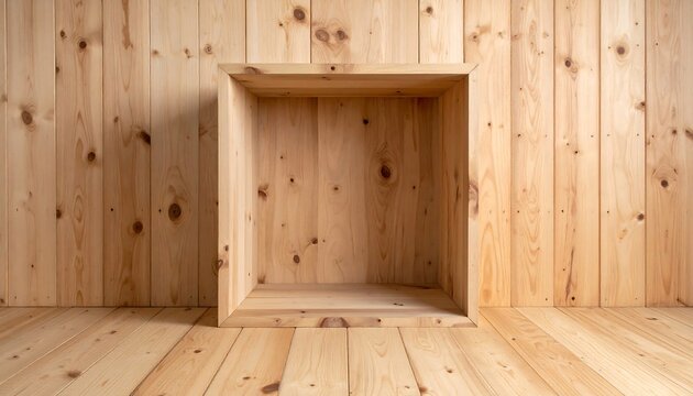 An empty, wooden cubical shelf is recessed into a wood-paneled wall, set on a similar wood floor. The light is diffused