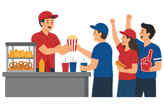 Modern minimal flat vector illustration of a stadium food vendor selling generic snacks and drinks to sports fans in a crowded arena atmosphere, perfect for event and concession stand themes.