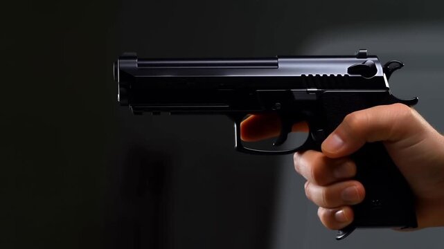 Slow motion tracking shot of hand holding pistol aiming with finger near trigger in dark studio closeup