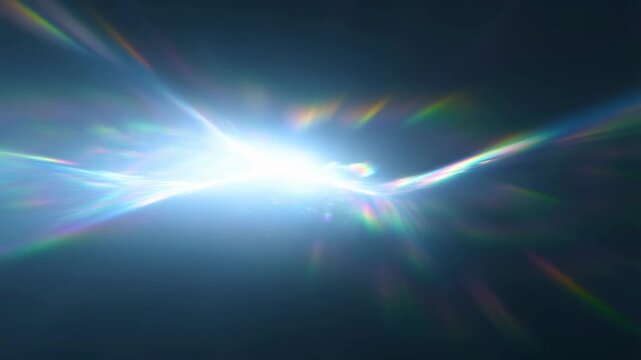 Slow motion tracking shot of bright prism light flare streak sweeping across dark background with rainbow diffraction rays and soft luminous glow