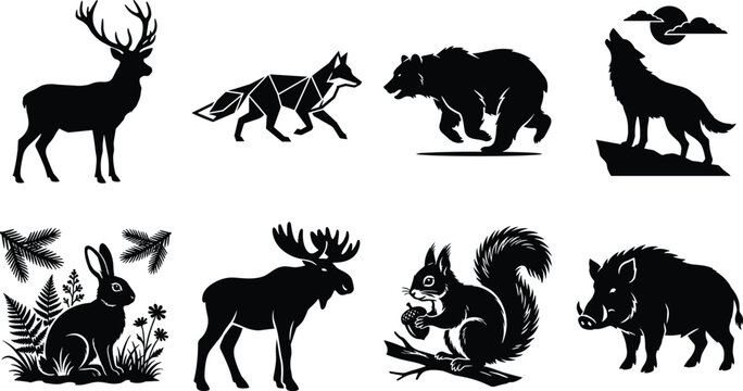 Set of forest wild animal silhouettes including deer geometric fox bear howling wolf rabbit moose squirrel and wild boar