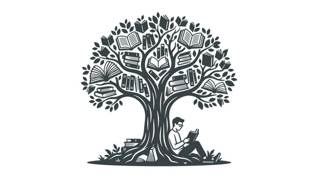 A person sitting under a tree made of books representing knowledge and growth.