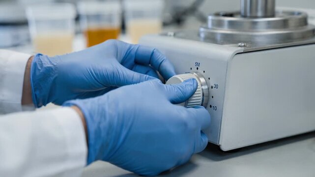 Closeup of lab technician adjusting temperature settings on a benchtop instrument during high viscosity resin testing ensuring accurate quality control results