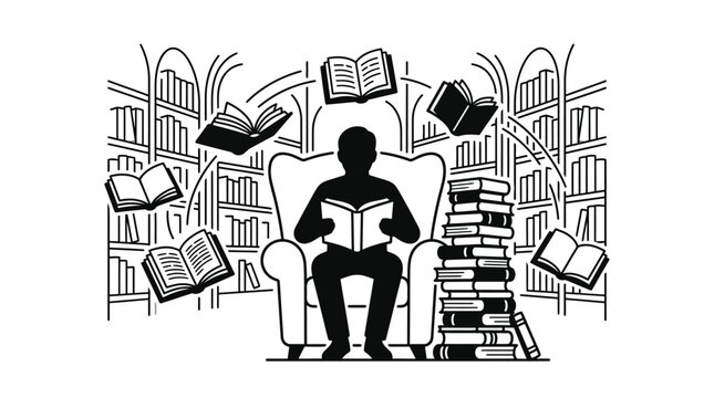 A silhouette of a person sitting in an armchair reading a book surrounded by floating books.