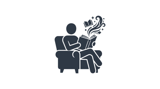 A stylized icon of a person sitting in an armchair reading a magical book.