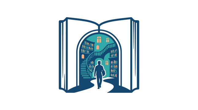 A silhouette of a person walking through an open book portal into a library.
