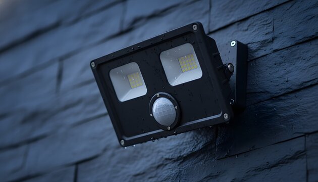 Modern black outdoor LED flood light with integrated motion sensor mounted on a dark stone brick wall, representing a home security and smart automation concept