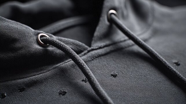 Close-up of a dark gray hoodie's neckline and drawstring