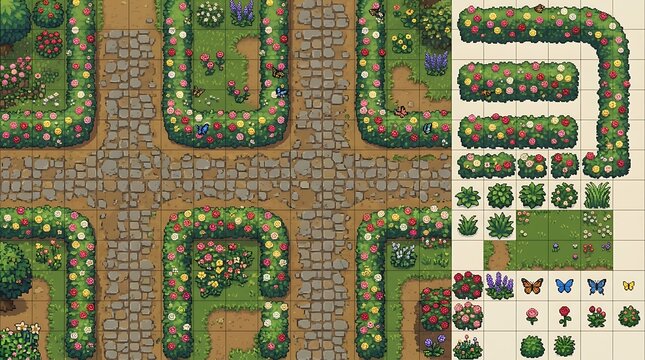 Pixel art top down garden path tileset for video games