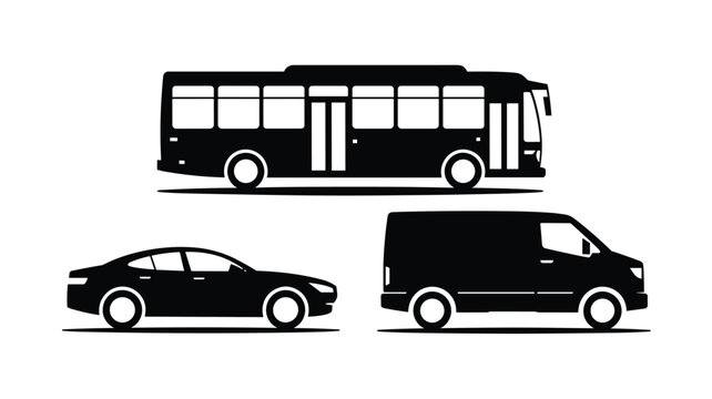 A side-profile collection of black vehicle silhouettes including a large transit bus, a sedan car, and a cargo van is arranged on a solid white background with flat lighting.