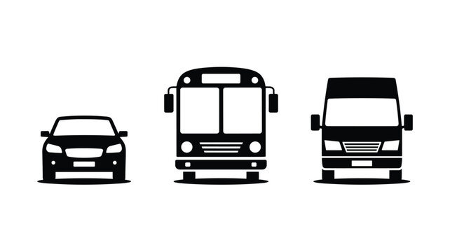 Three black vehicle silhouettes consisting of a car, a school bus, and a transport van are aligned horizontally on a clean white background in a flat graphic style.