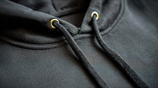 Close-up of black hoodie drawstring