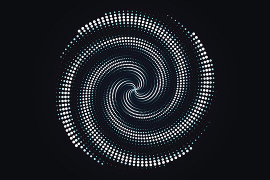 Intricate white halftone spiral pattern on black background, white dots geometric, abstract dot matrix