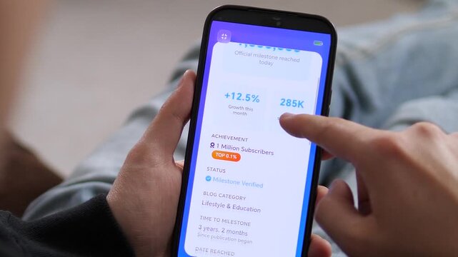 Scrolling through milestone details on a mobile app. The screen shows growth trajectory, average monthly increase, and a Share Achievement button. Great for showcasing dedication, community engagement