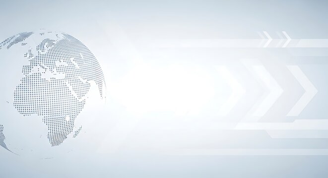 Clean minimalist light grey corporate background with dotted globe and arrows