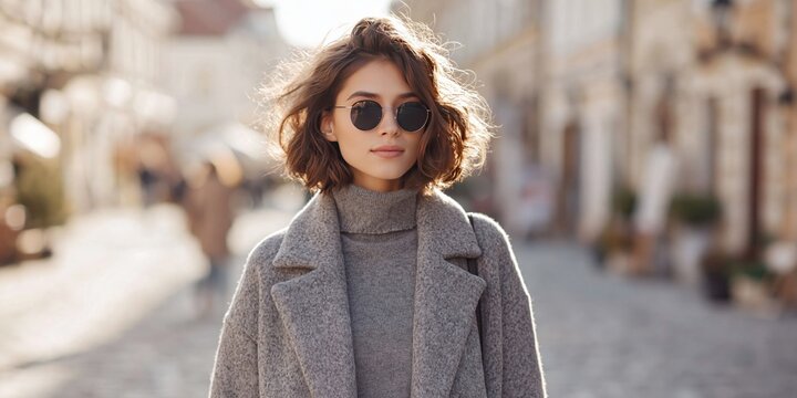 fashionable woman influencer walking down European city street,